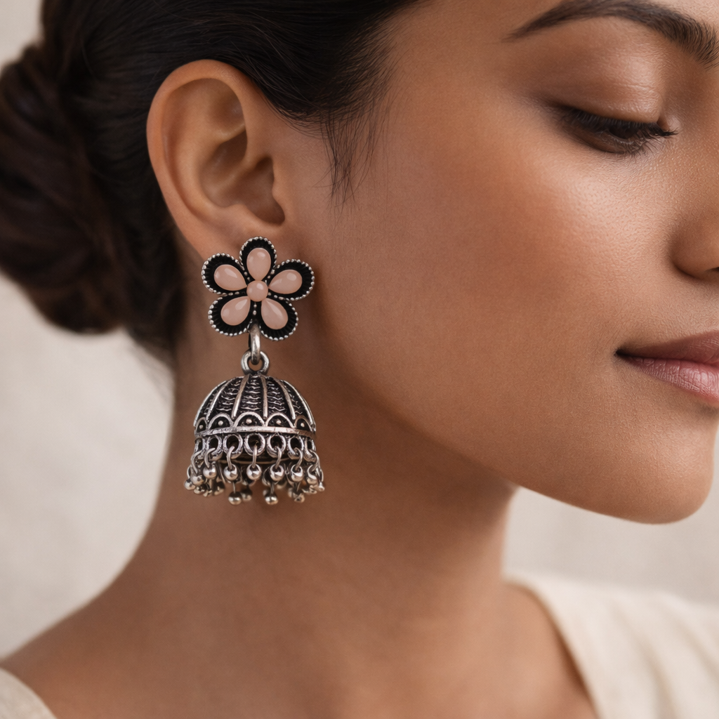 Periwinkle stone studded jhumki earrings (Light Orange)