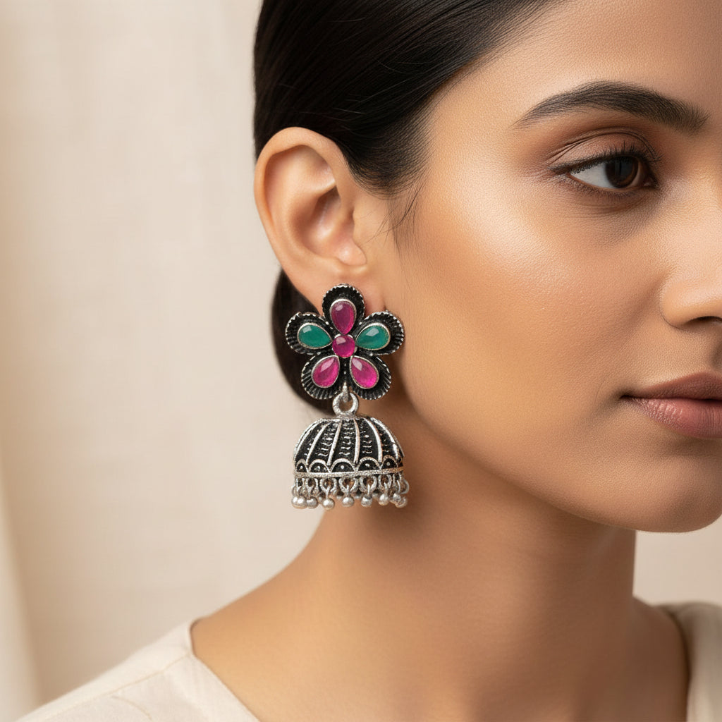 Periwinkle stone studded jhumki earrings (Multicolored)