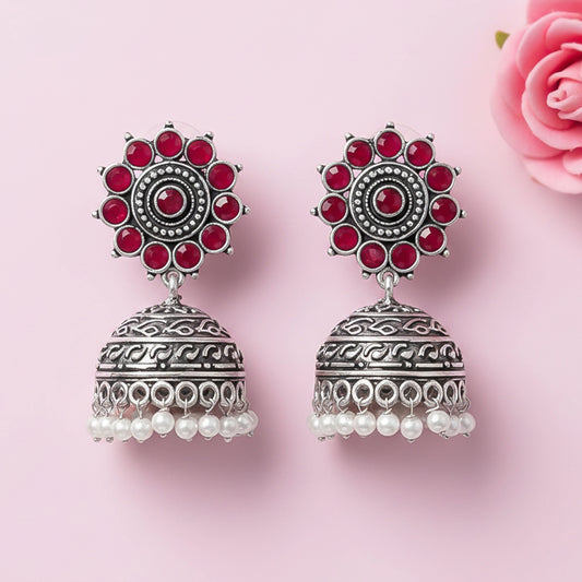 Phoolon ki baali pearl jhumki earrings (Red)