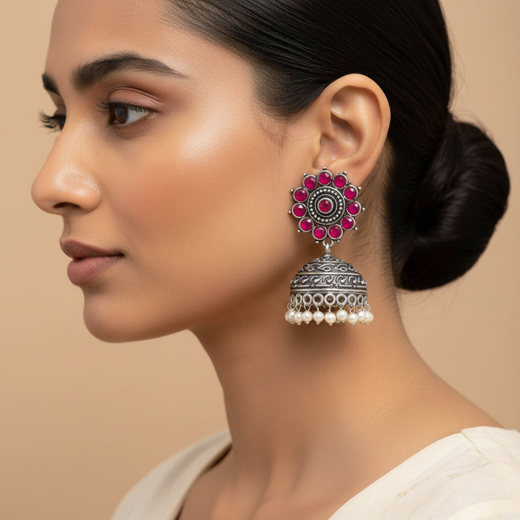 Phoolon ki baali pearl jhumki earrings (Red)