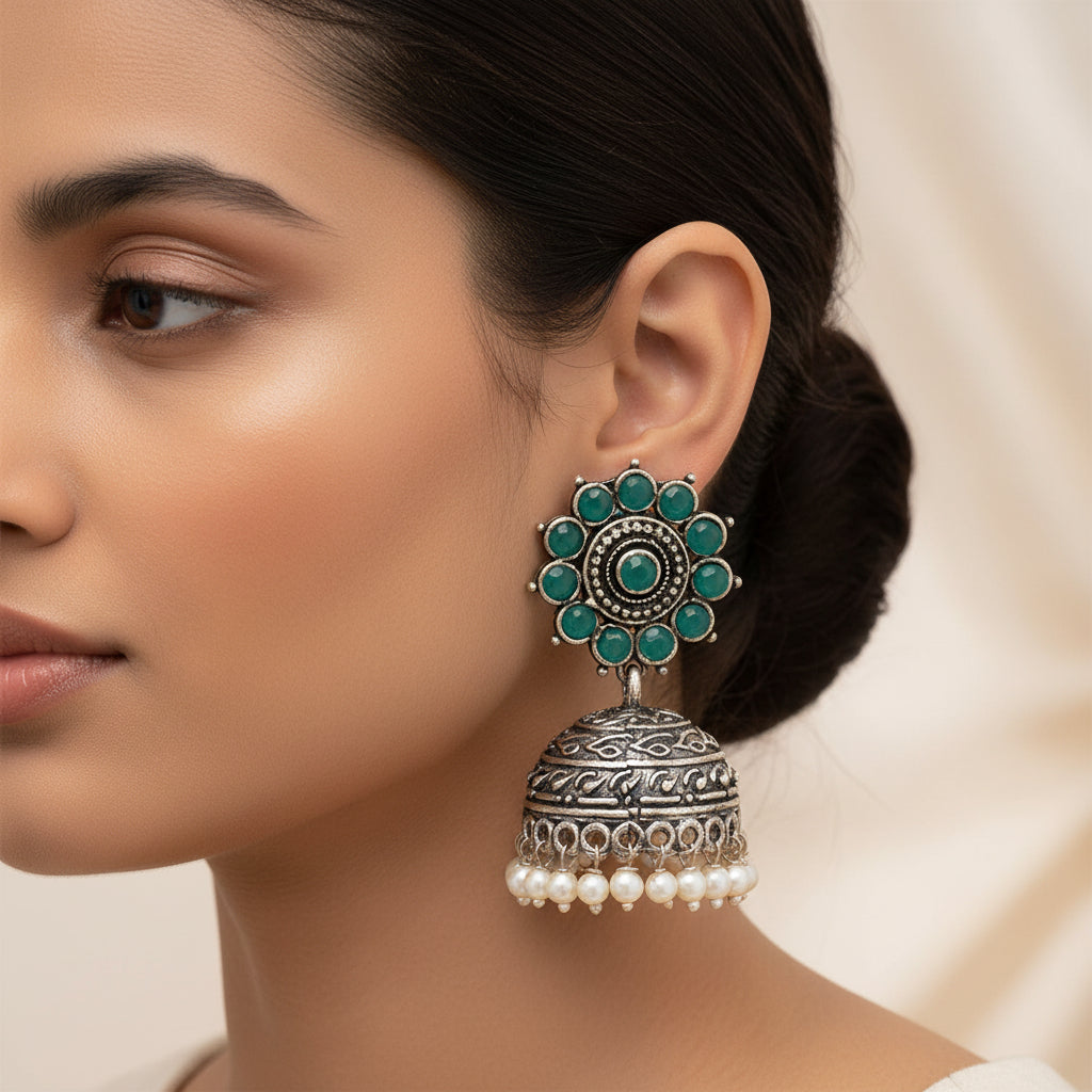 Phoolon ki baali pearl jhumki earrings (Green)