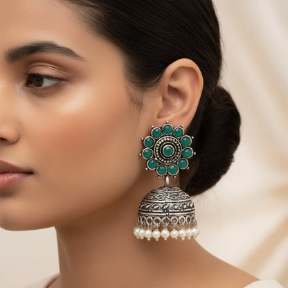 Phoolon ki baali pearl jhumki earrings (Green)
