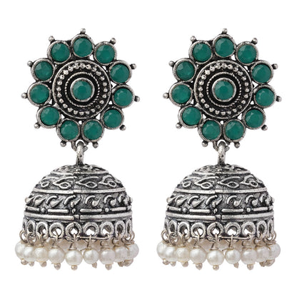 Phoolon ki baali pearl jhumki earrings (Green)