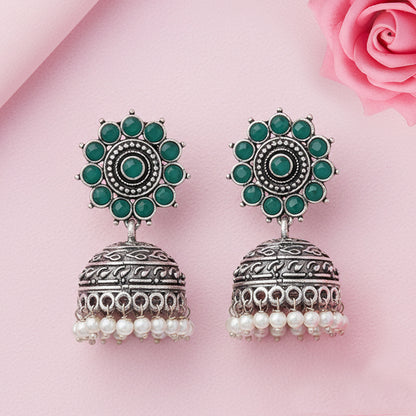Phoolon ki baali pearl jhumki earrings (Green)