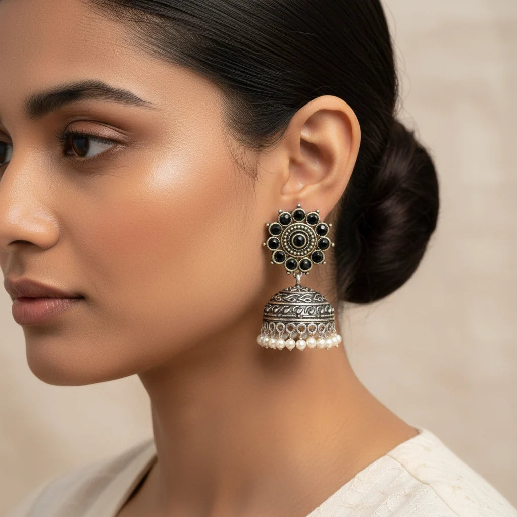 Peacock glow stone studded dangler & Phoolon ki baali pearl jhumki Combo set