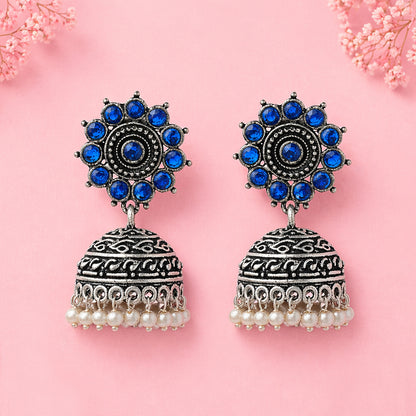 Phoolon ki baali pearl jhumki earrings (Blue)