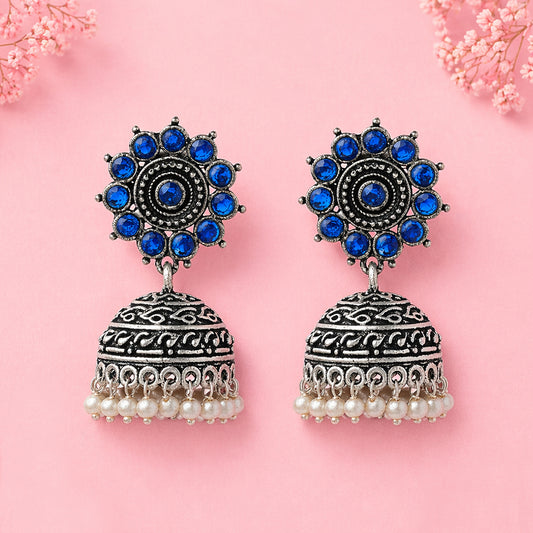 Phoolon ki baali pearl jhumki earrings (Blue)
