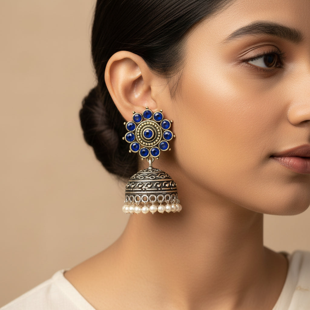 Phoolon ki baali pearl jhumki earrings (Blue)