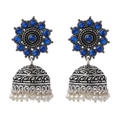 Phoolon ki baali pearl jhumki earrings (Blue)