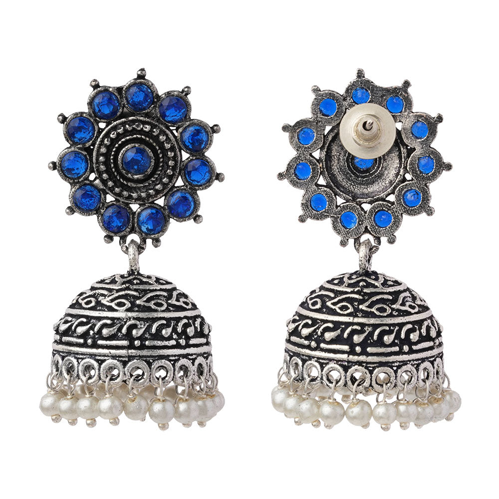 Phoolon ki baali pearl jhumki earrings (Blue)