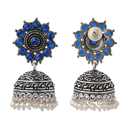 Phoolon ki baali pearl jhumki earrings (Blue)
