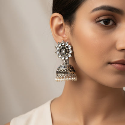 Phoolon ki baali pearl jhumki earrings (White)