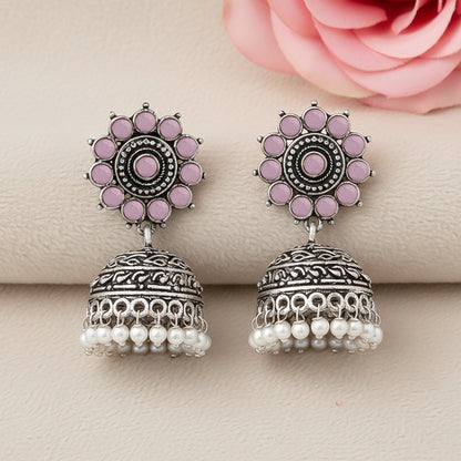 Phoolon ki baali pearl jhumki earrings (Baby Pink)