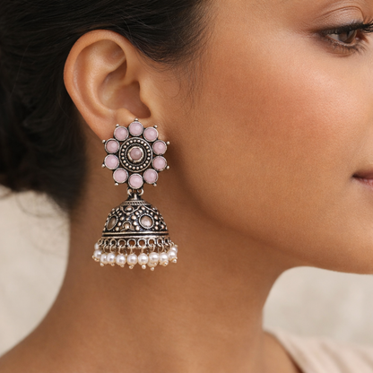 Phoolon ki baali pearl jhumki earrings (Baby Pink)