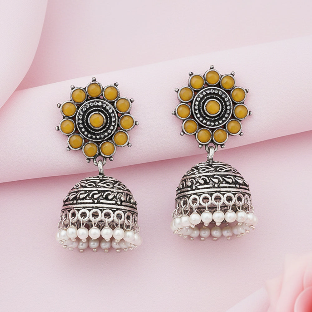 Phoolon ki baali pearl jhumki earrings (Yellow)