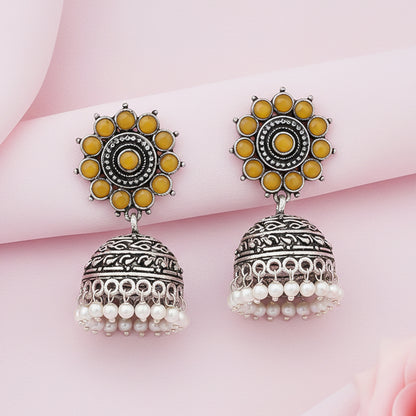 Phoolon ki baali pearl jhumki earrings (Yellow)