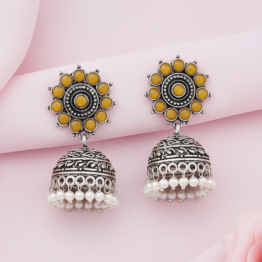Phoolon ki baali pearl jhumki earrings (Yellow)