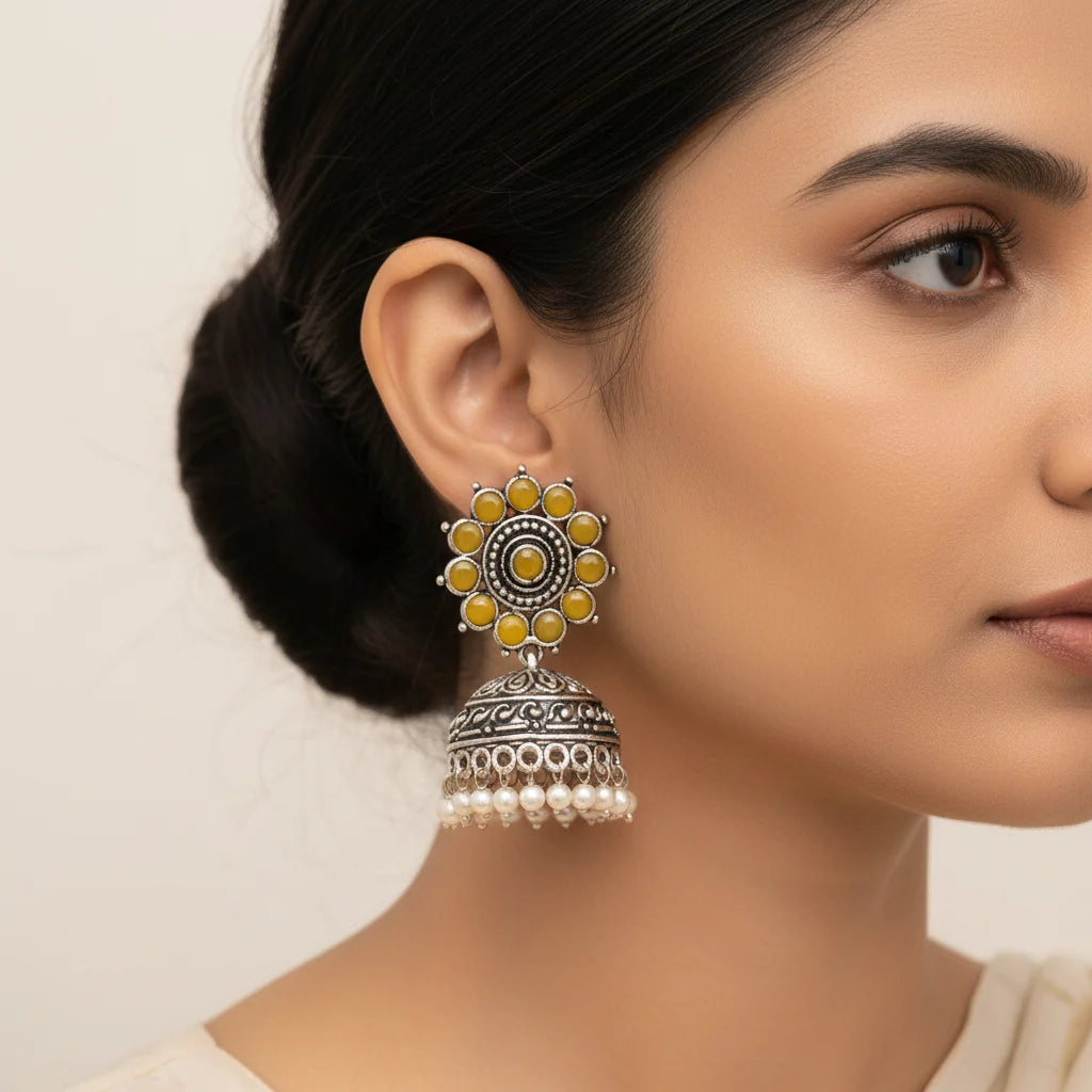 Peacock glow stone studded dangler & Phoolon ki baali pearl jhumki Combo set