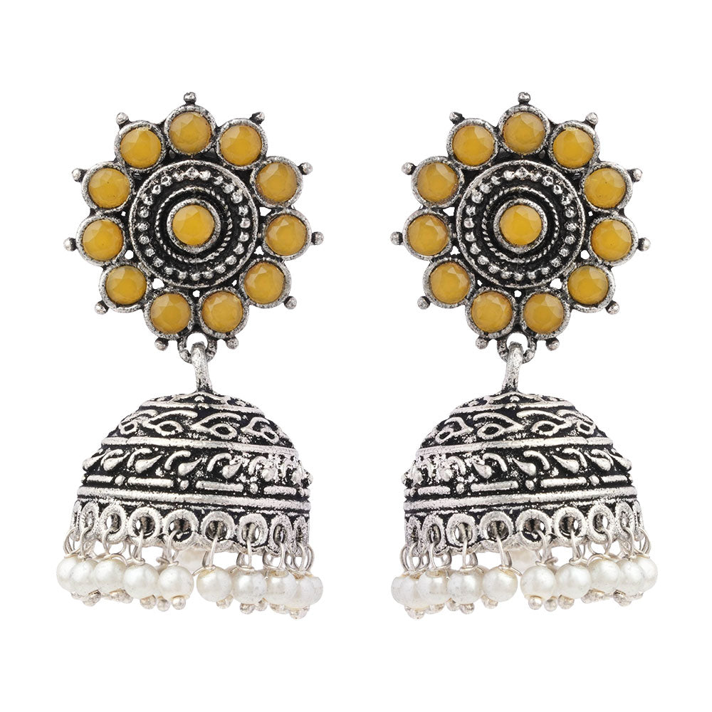 Phoolon ki baali pearl jhumki earrings (Yellow)
