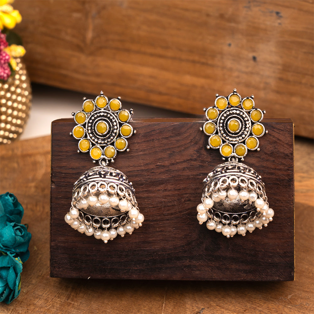 Phoolon ki baali pearl jhumki earrings (Yellow)