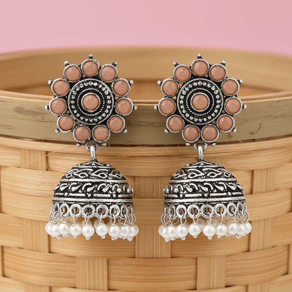 Phoolon ki baali pearl jhumki earrings (Light Orange)
