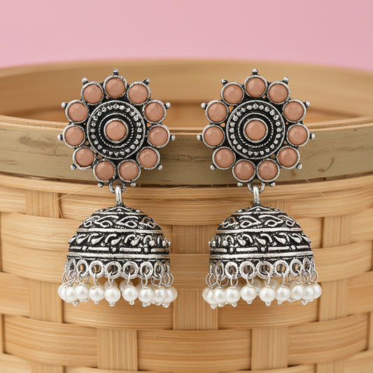 Phoolon ki baali pearl jhumki earrings (Light Orange)