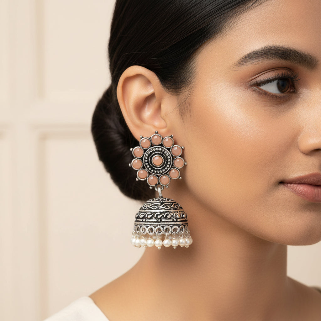 Phoolon ki baali pearl jhumki earrings (Light Orange)