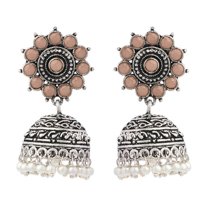 Phoolon ki baali pearl jhumki earrings (Light Orange)