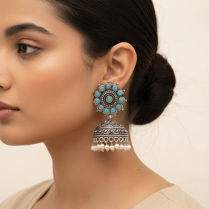 Phoolon ki baali pearl jhumki earrings (Mint)