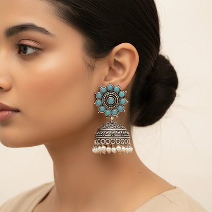 Peacock glow stone studded dangler & Phoolon ki baali pearl jhumki Combo set