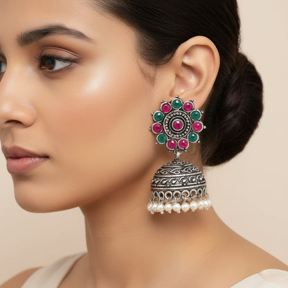 Phoolon ki baali pearl jhumki earrings (Multicolored)