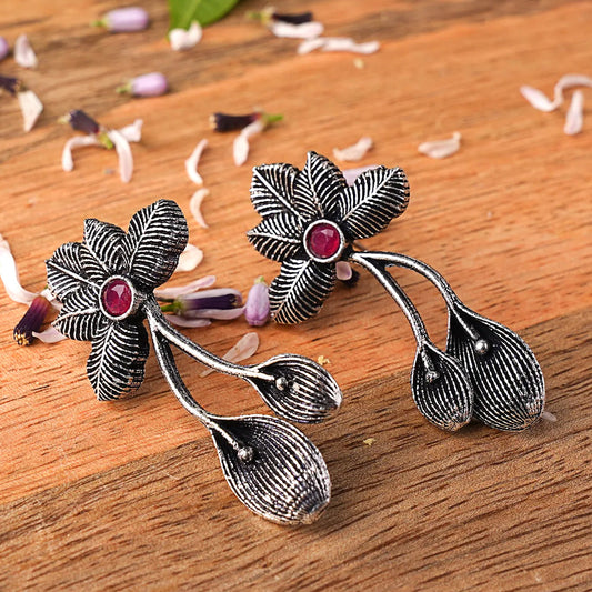 Bud Flower oxidized stud earrings (Red)