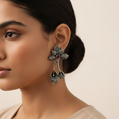 Carved Charm Dangler earrings (White) Bud Flower oxidized stud earrings (Red) Combo set