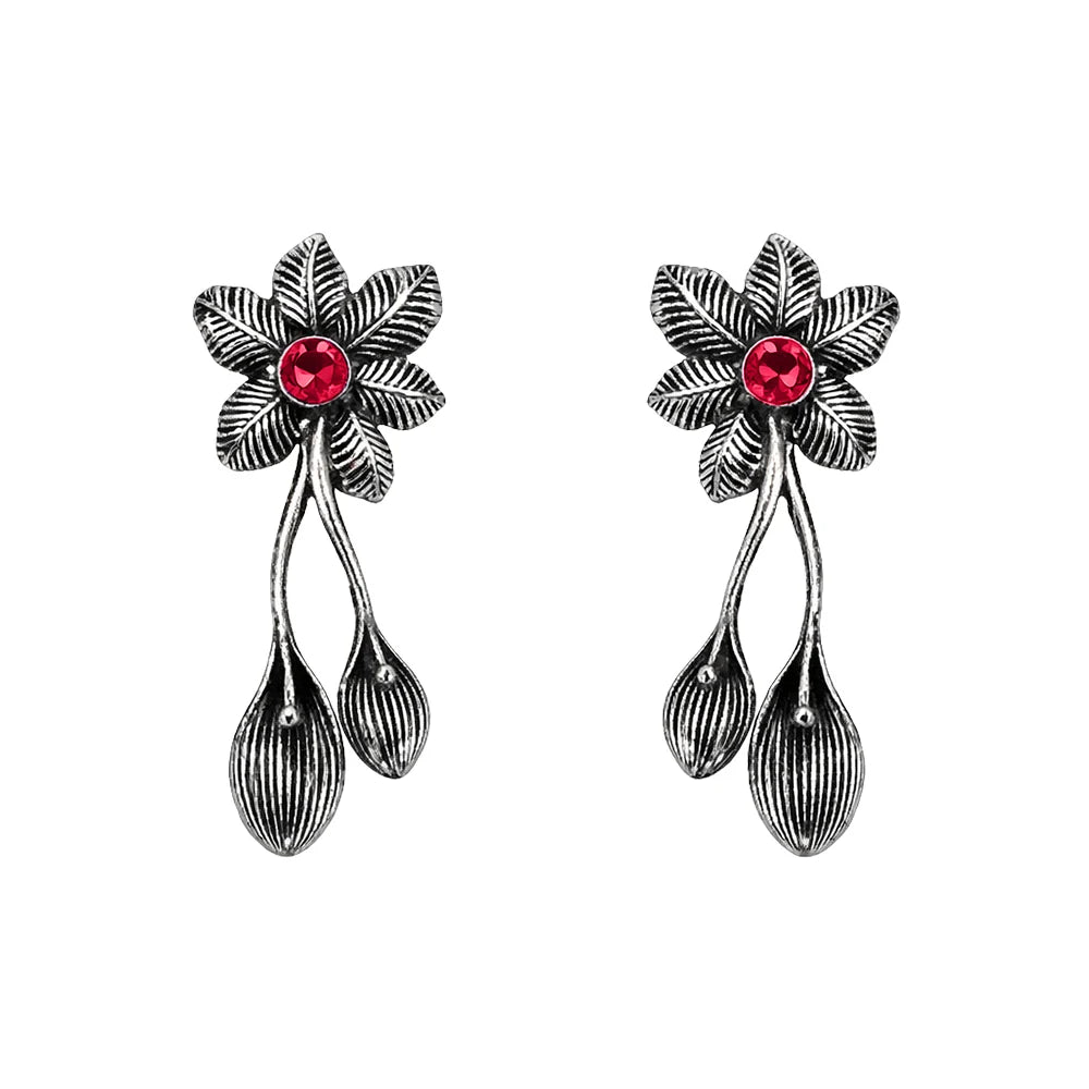 Carved Charm Dangler earrings (White) Bud Flower oxidized stud earrings (Red) Combo set