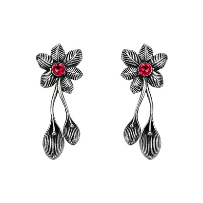Carved Charm Dangler earrings (White) Bud Flower oxidized stud earrings (Red) Combo set