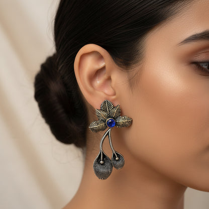 Carved Charm Dangler earrings (White) Bud Flower oxidized stud earrings (Blue) Combo set