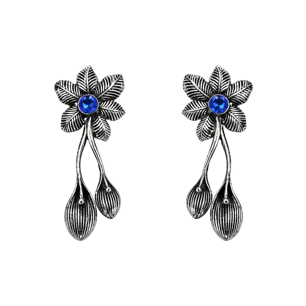 Carved Charm Dangler earrings (White) Bud Flower oxidized stud earrings (Blue) Combo set