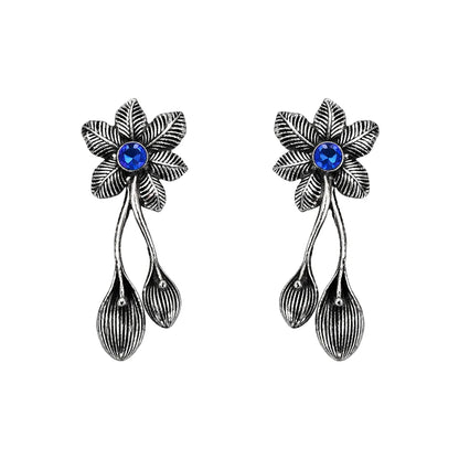 Carved Charm Dangler earrings (White) Bud Flower oxidized stud earrings (Blue) Combo set