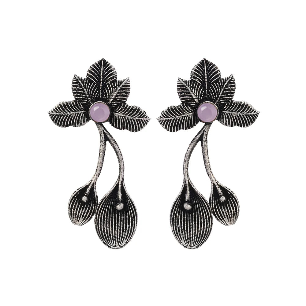 Carved Charm Dangler earrings (White) Bud Flower oxidized stud earrings (Baby Pink) Combo set
