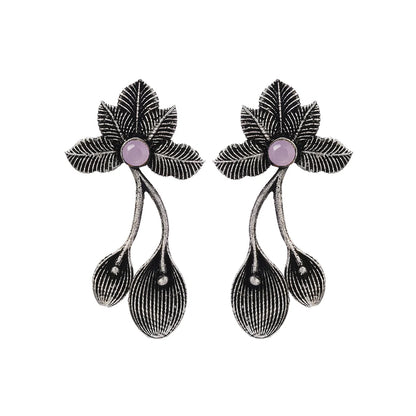 Carved Charm Dangler earrings (White) Bud Flower oxidized stud earrings (Baby Pink) Combo set