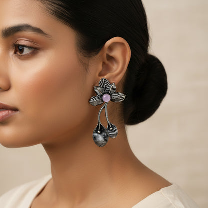 Carved Charm Dangler earrings (White) Bud Flower oxidized stud earrings (Baby Pink) Combo set