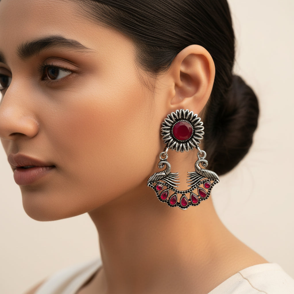 Marigold gem stone studded dangler earrings (Red)
