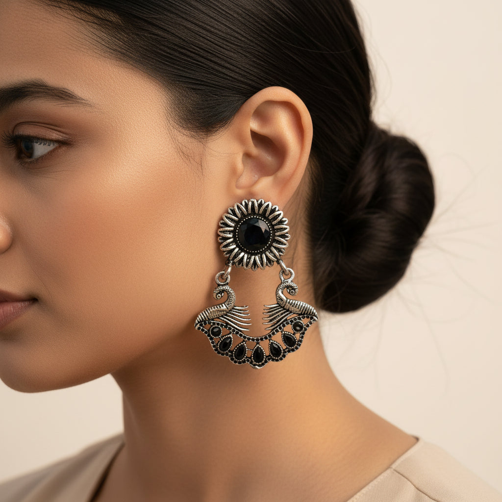 Marigold gem stone studded dangler earrings (Black)