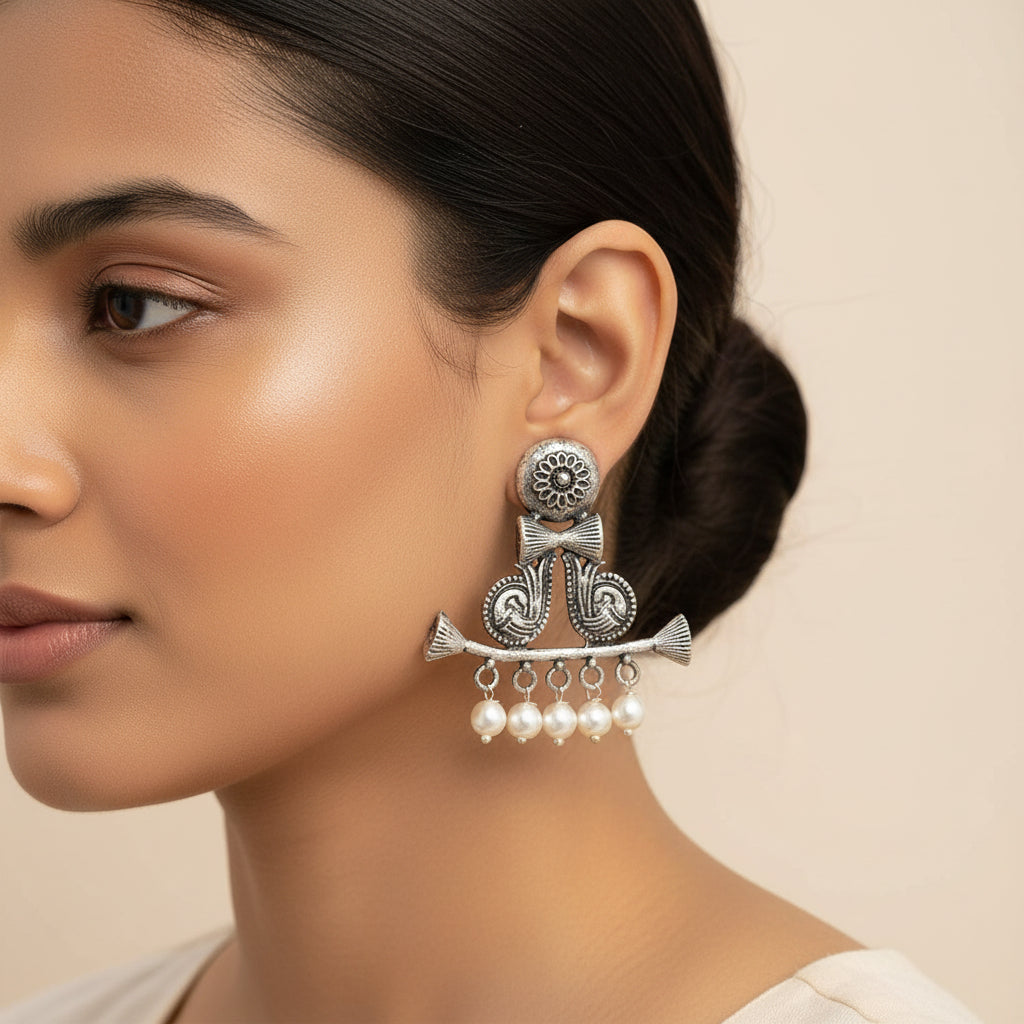 Peacock glow stone studded dangler earrings &Heritage Bloom pearl stud earrings Combo set for Women and Girl