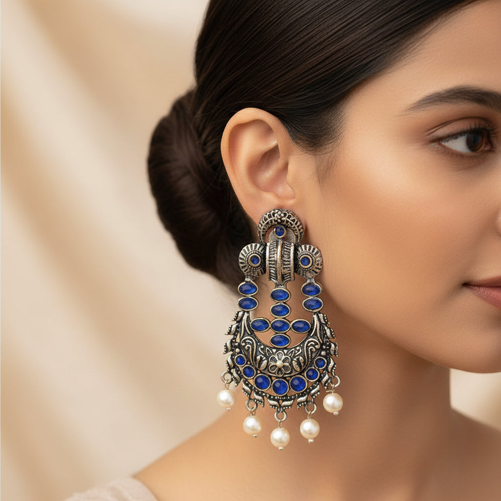 Heritage Bloom pearl stud earrings (Blue)