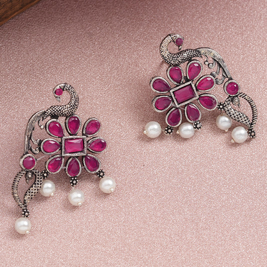 Red Stone Studded Peacock Motif Stud Earrings With Hanging Pearls