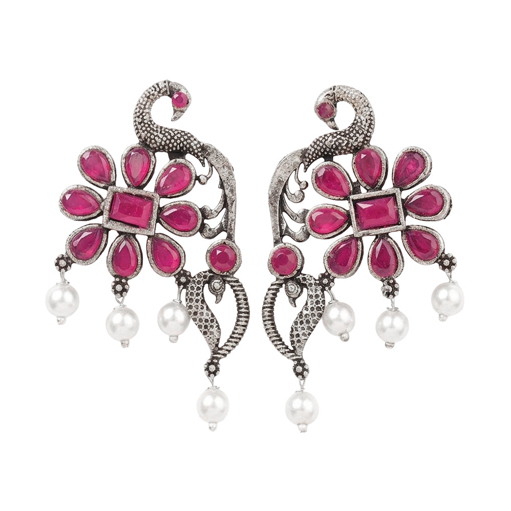 Peacock flower pearl stud earrings (Red)