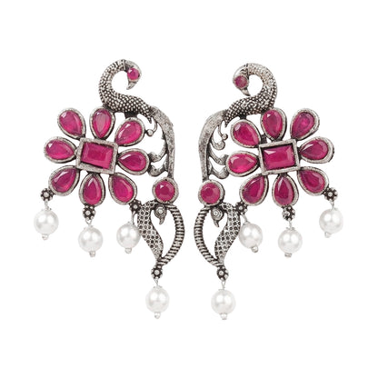Peacock flower pearl stud earrings (Red)
