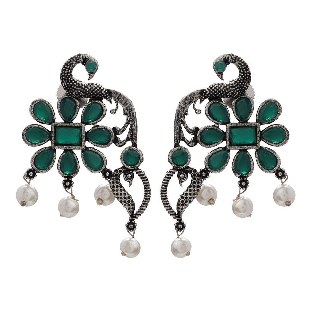 Peacock flower pearl stud earrings (Green)