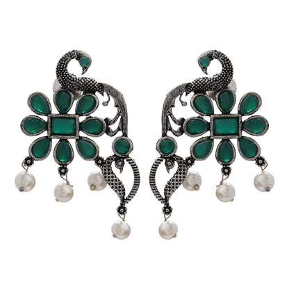 Peacock flower pearl stud earrings (Green)